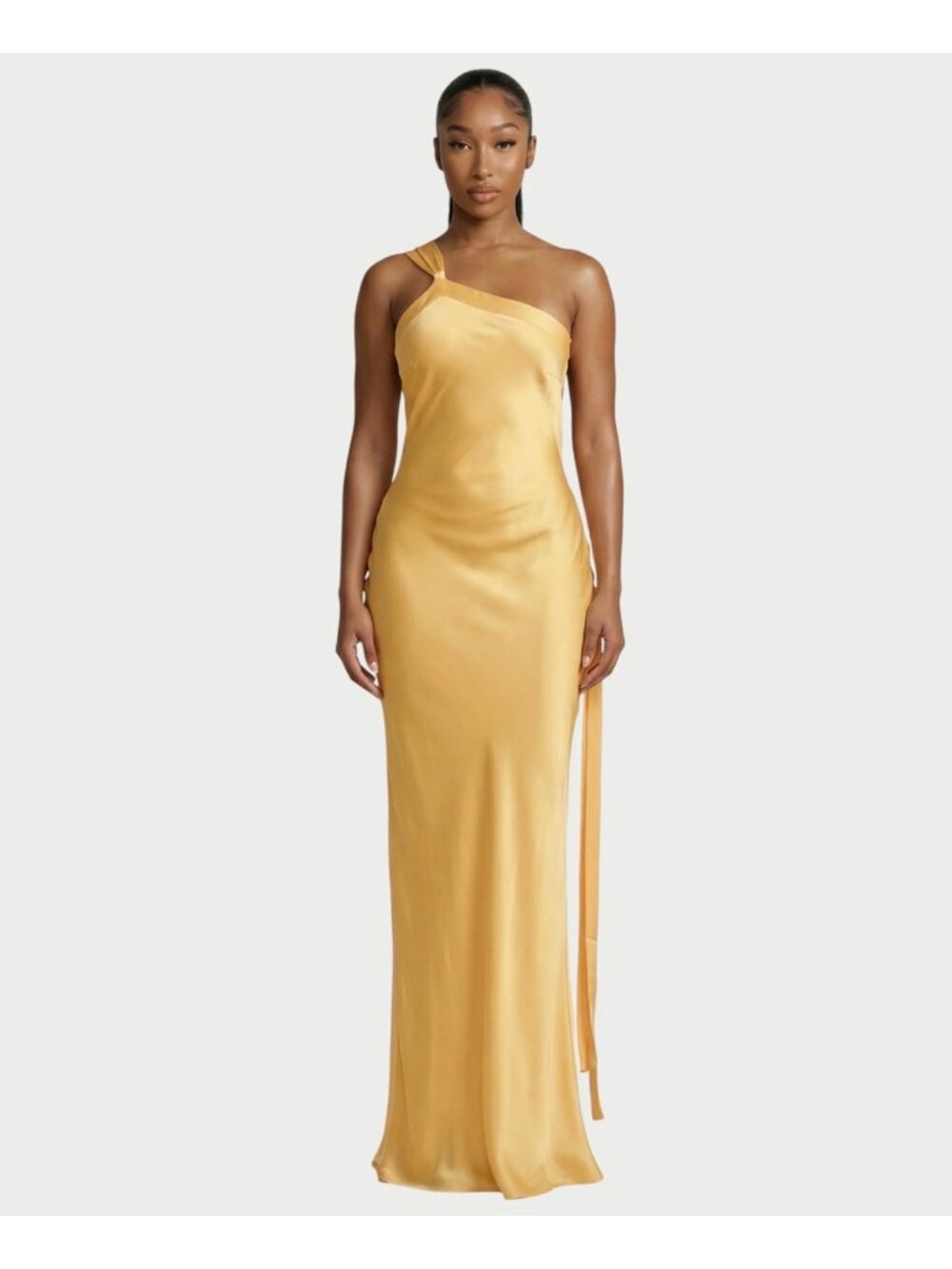 Celestia Selene One Shoulder Strap Satin Maxi Dress Graduation Gold Small NWT